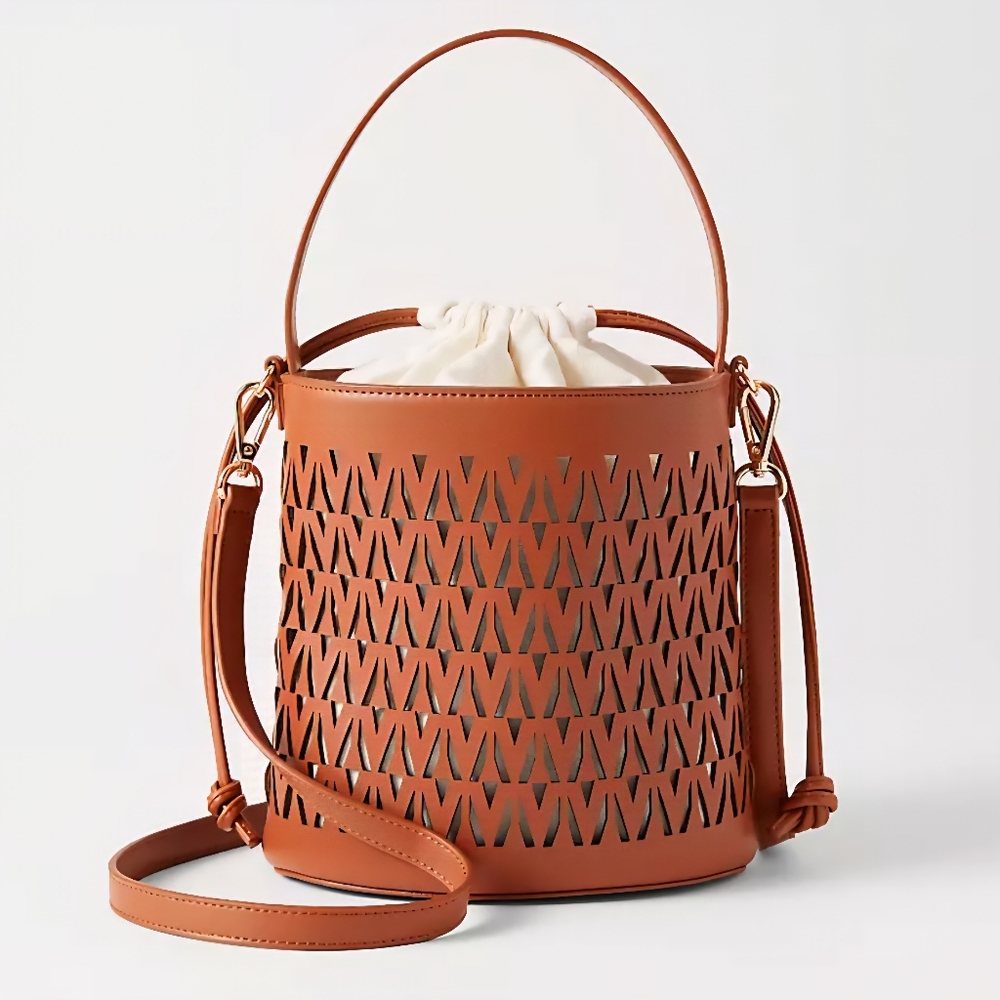 Ann Taylor Brown Laser-Cut Bucket Shoulder Bag with Cream Drawstring